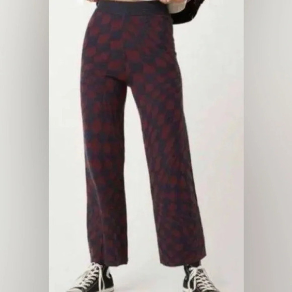 Daydreamer Plum Berry Wave Check Pull-On Wide Leg Knit Sweater Pants Size Large - Picture 1 of 8